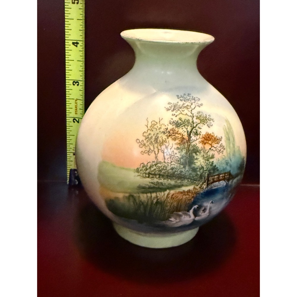 Vintage Hand Painted Porcelain Swan Vase Landscape Scene Cottage Decor - Picture 7 of 9